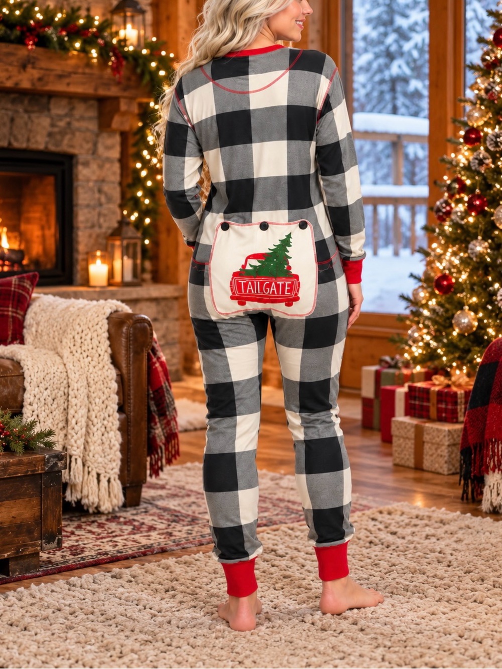 Lazy One Tailgate Christmas Buffalo Plaid Cotton Onesie Size XXL